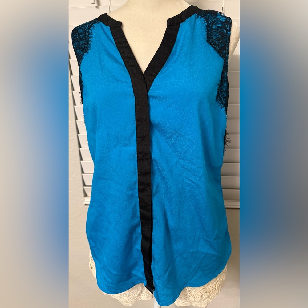 Women's Blue Sleeveless Top with Black Trim